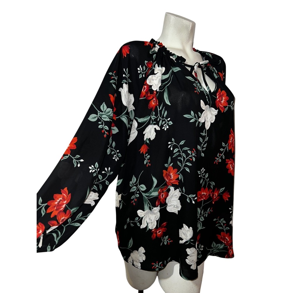 Old Navy Womens 2X Plus Black Floral Tie Neck Long Sleeve Peasant Blouse Top - Picture 4 of 9